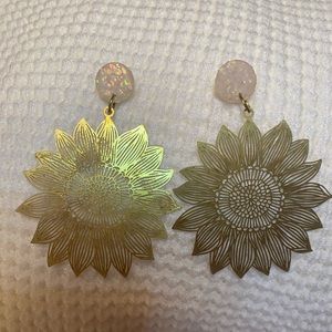 Brass sunflower drop earrings.